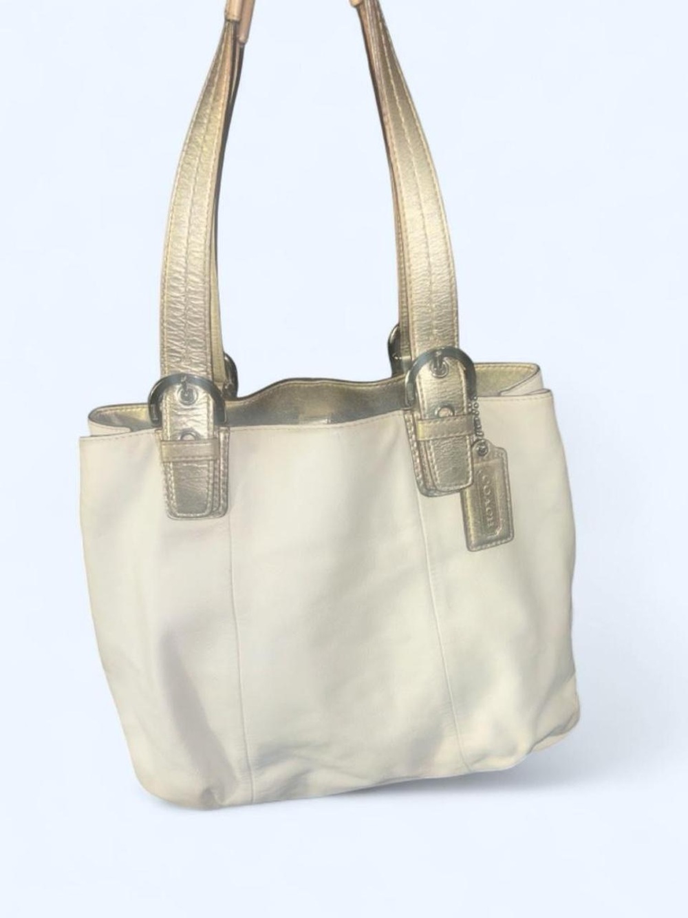 Coach Ivory Leather Tote with Metallic Gold Trim